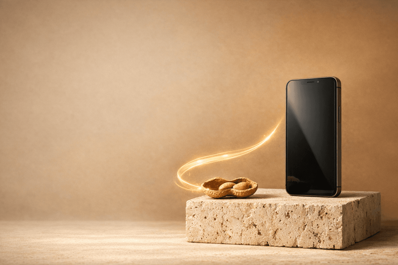 Editorial product photo of a phone beside an opened peanut shell with a subtle recovery light trail