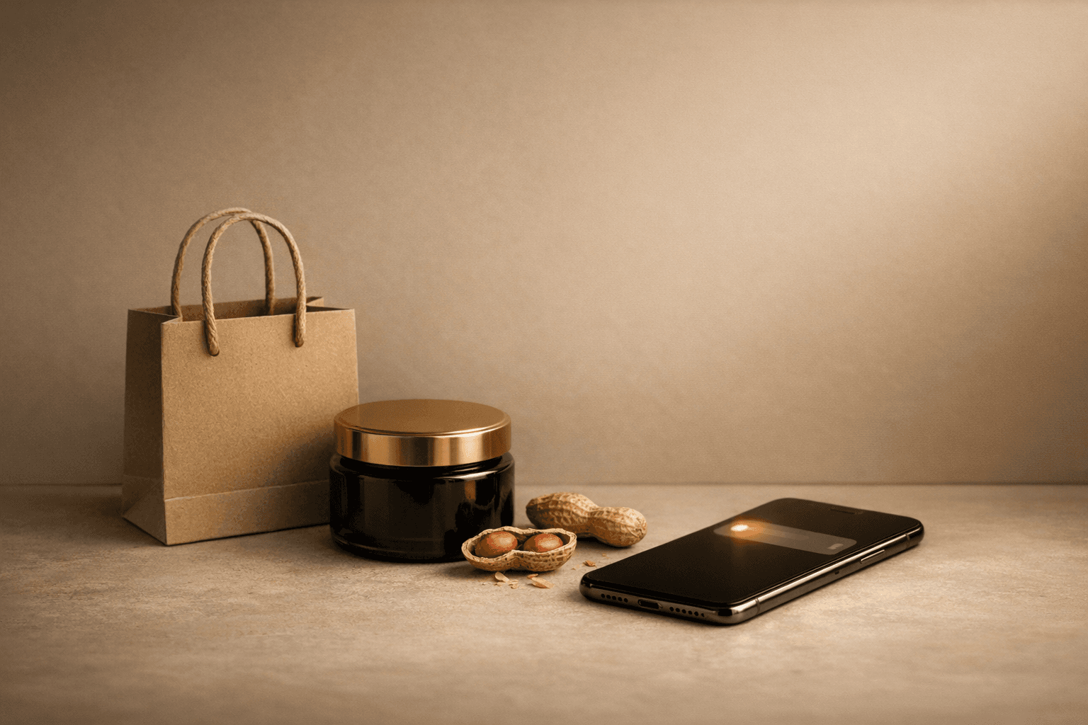 Editorial still life of a shopping bag, jar, peanut shells, and phone representing recovered checkout flow